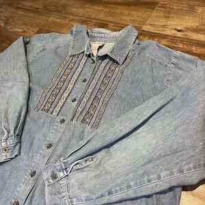 Vintage Koret Shirt Womens 24W Floral Denim Long Sleeve Embroidered Button Up